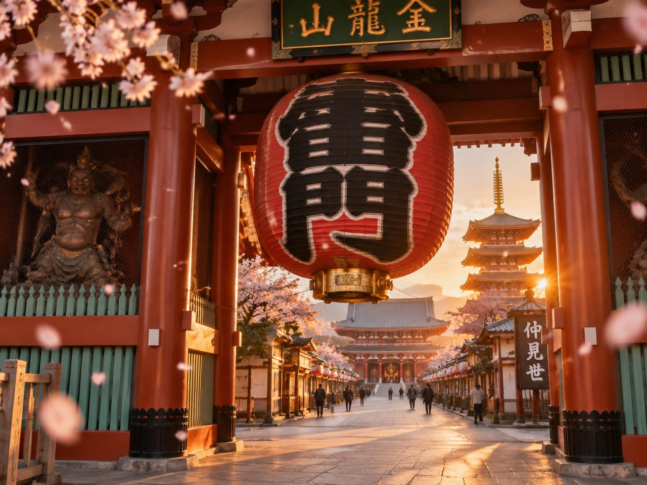 The great red lantern of Senso-ji temple in Asakusa at golden hour