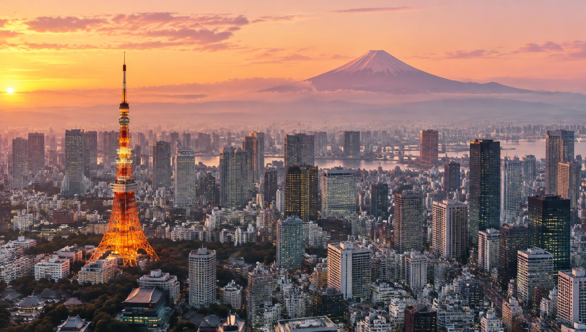 Tokyo Tower glowing at dawn with Mount Fuji on the horizon