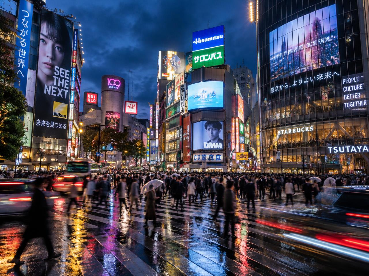 Shibuya Crossing at blue hour, crowds moving beneath neon billboards