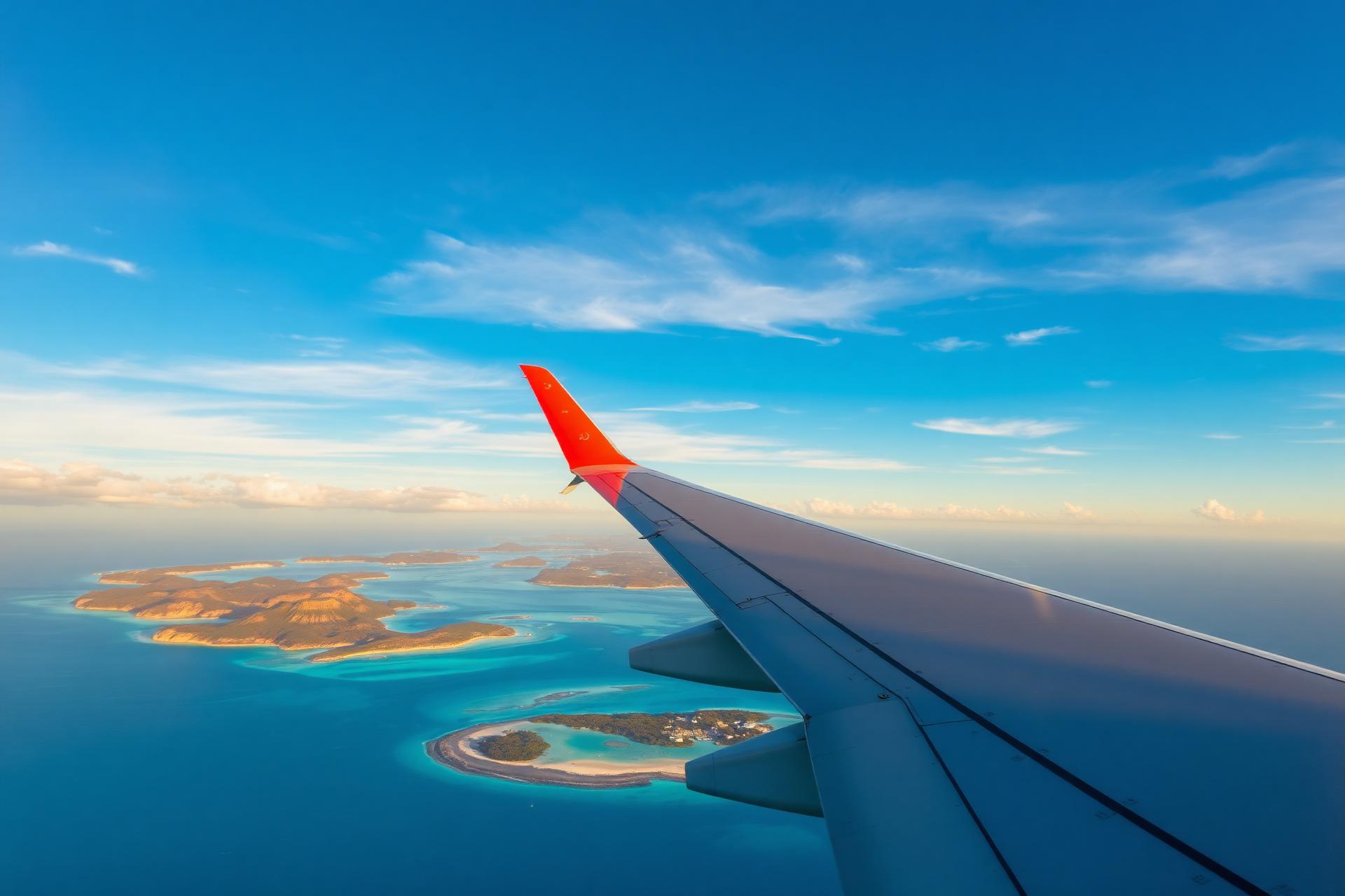 Airplane wing over tropical islands